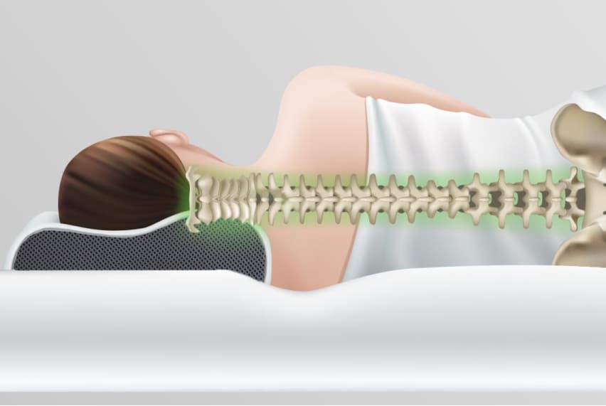 Illustration of spine alignment supported by an ergonomic pillow